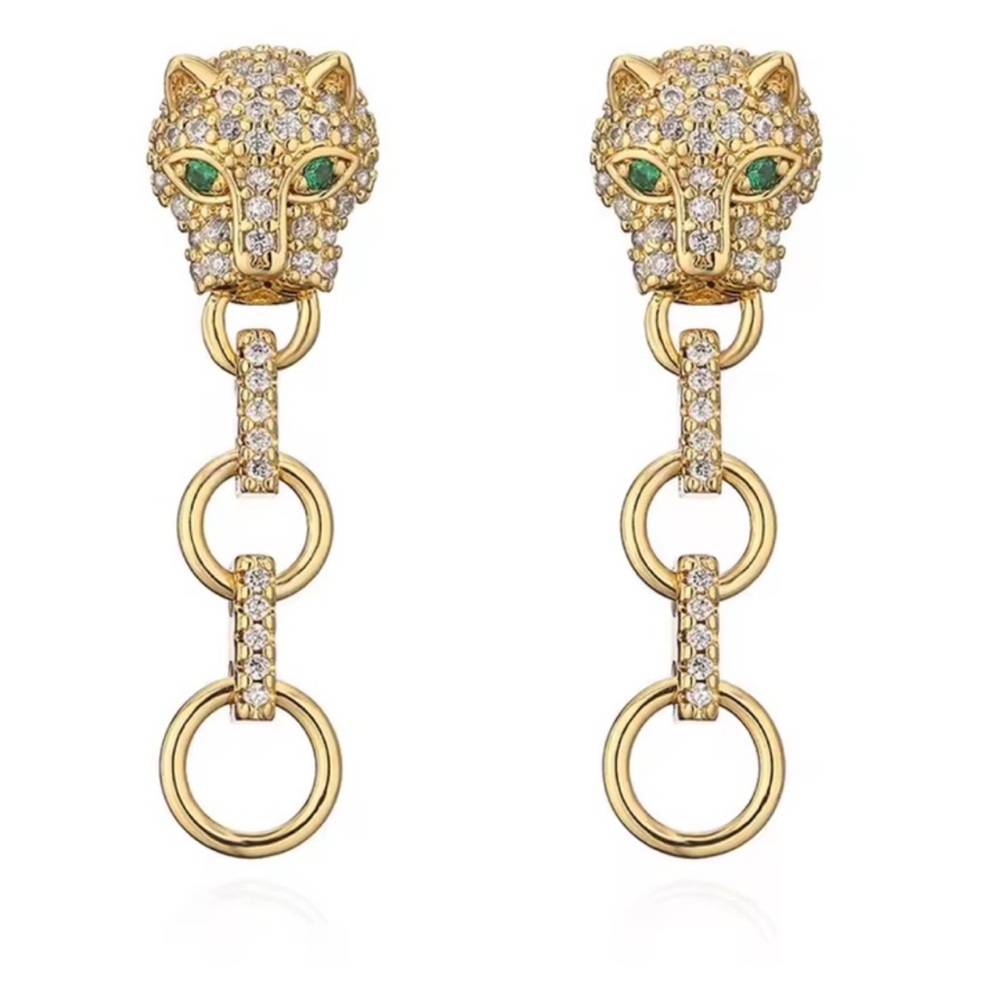 Anthropologie Gold and Green Panther Earrings